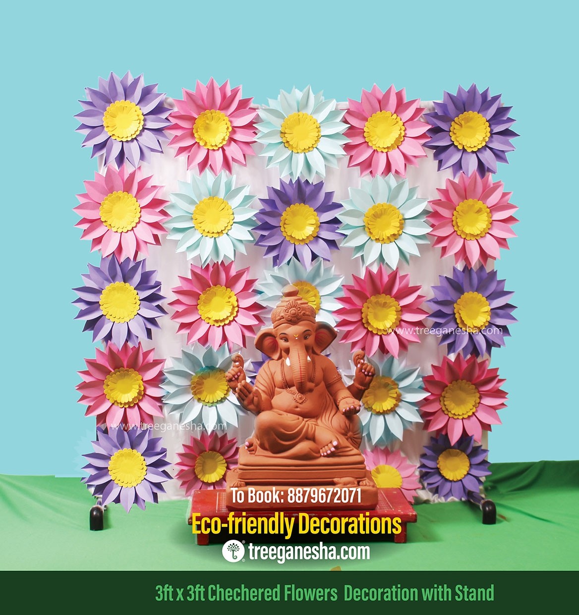 Ganpati Decoration 3x3ft Checkered Flowers | Eco-friendly Ganpati decoration | Paper decoration  | DIY | Flower Decoration