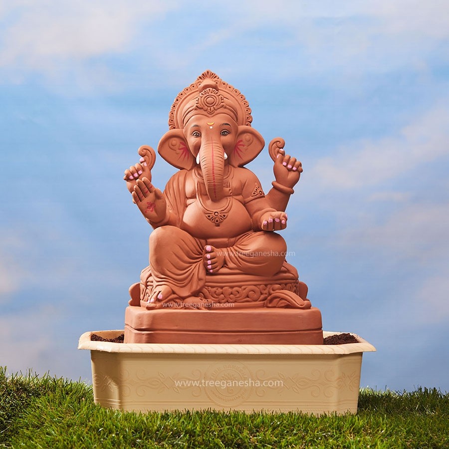 18inch Raja | Tree Ganesha | Eco-Friendly Ganesha Idol | Seed Ganesh | Red soil Ganesh | Plantable Ganesha | Clay Ganesha
