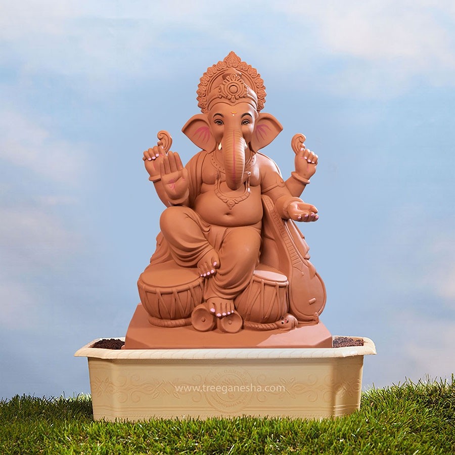 18inch Musical Ganesha Idol| Tree Ganesha | Eco-Friendly Ganesha Idol | Seed Ganesh | Red soil Ganesh | Plantable Ganesha  | Clay Ganesha