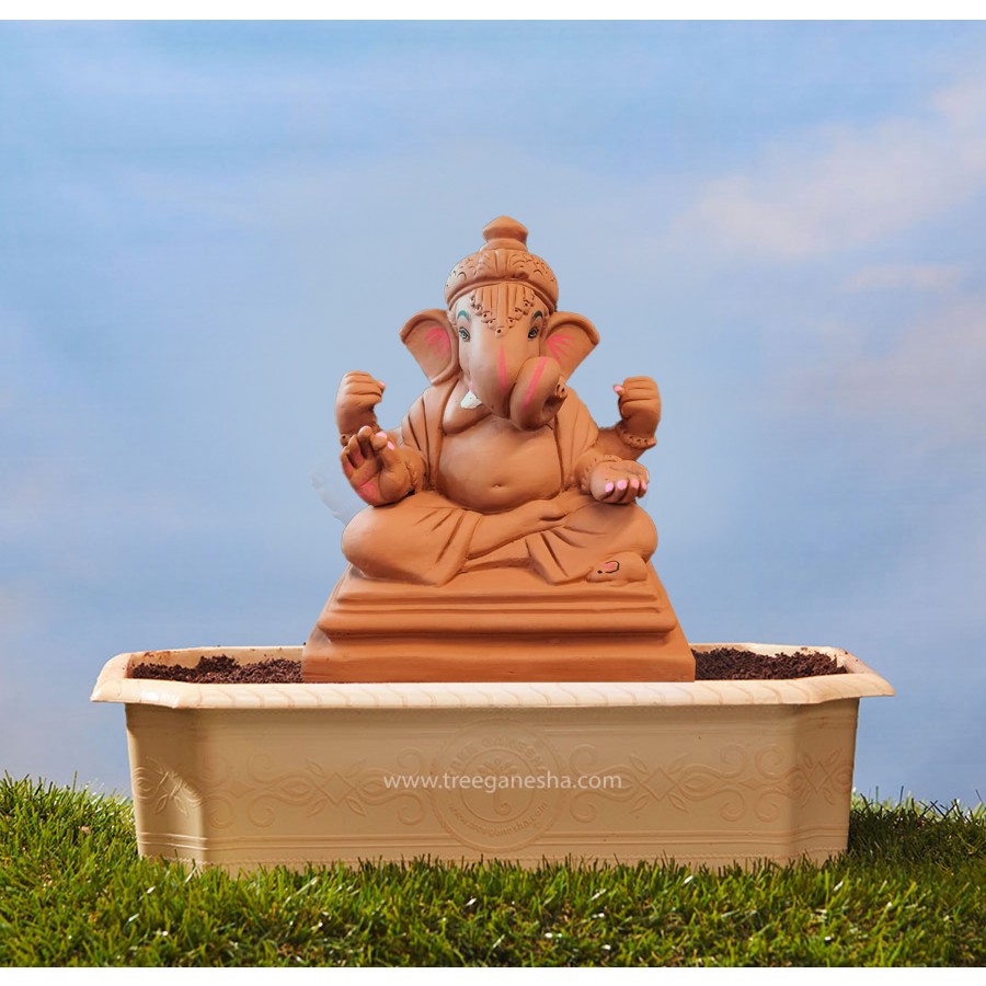 9inch Dagdusheth Murti | Tree Ganesha | Eco-Friendly Ganesha Idol | Seed Ganesh | Red soil Ganesh | Plantable Ganesha | Clay Ganesha