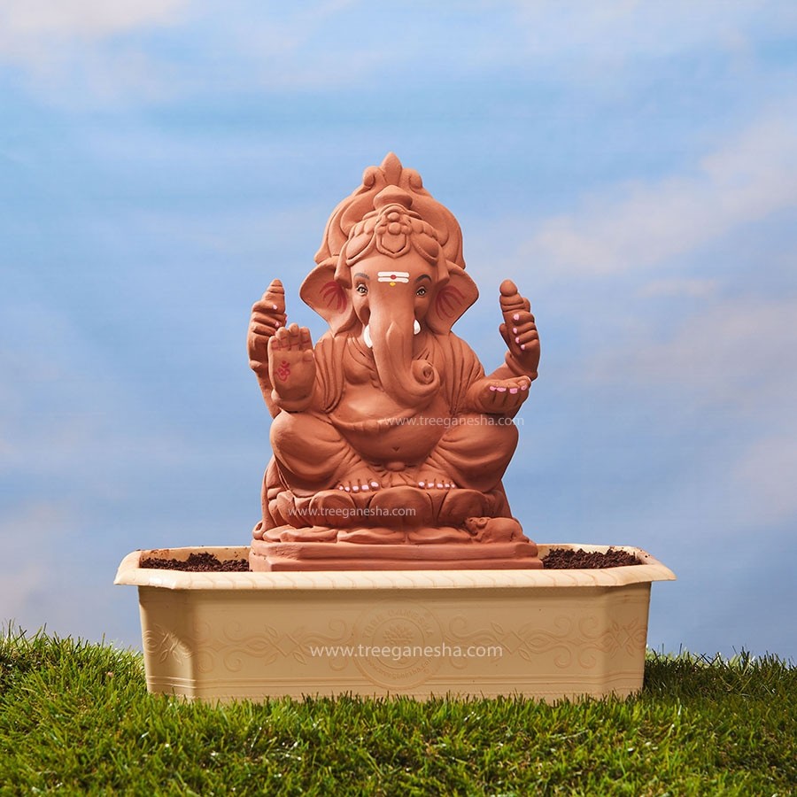 13.5inch South Indian | Tree Ganesha | Eco-Friendly Ganesha idol | Seed Ganesh | Red soil Ganesh | Plantable Ganesha | Clay Ganesha
