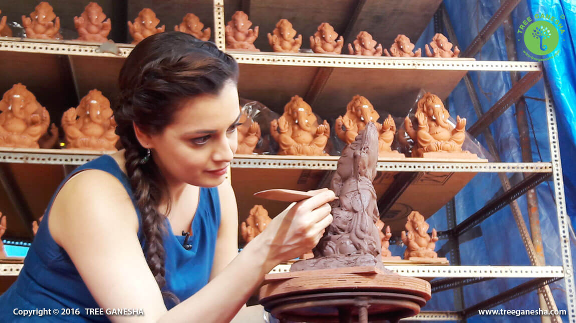The renowned Bollywood actress Dia Mirza is making Tree Ganesha at Tree Ganesha Studio